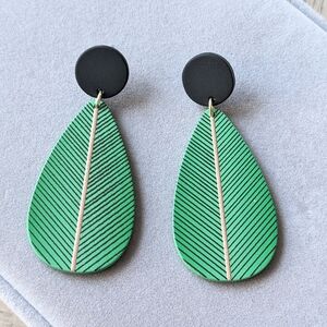Green Leaf Earrings with Black Accents